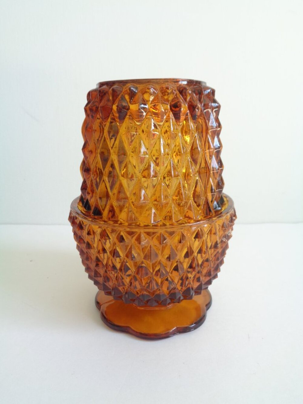 Indiana Glass Diamond Point Fairy Lamp Golden Amber Tea Light Holder VTG